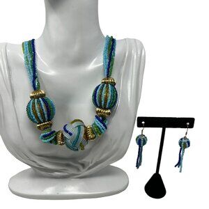 Boho Beaded Necklace Earrings Six Strand Blue Green Seed Beads‎ Gold Tone